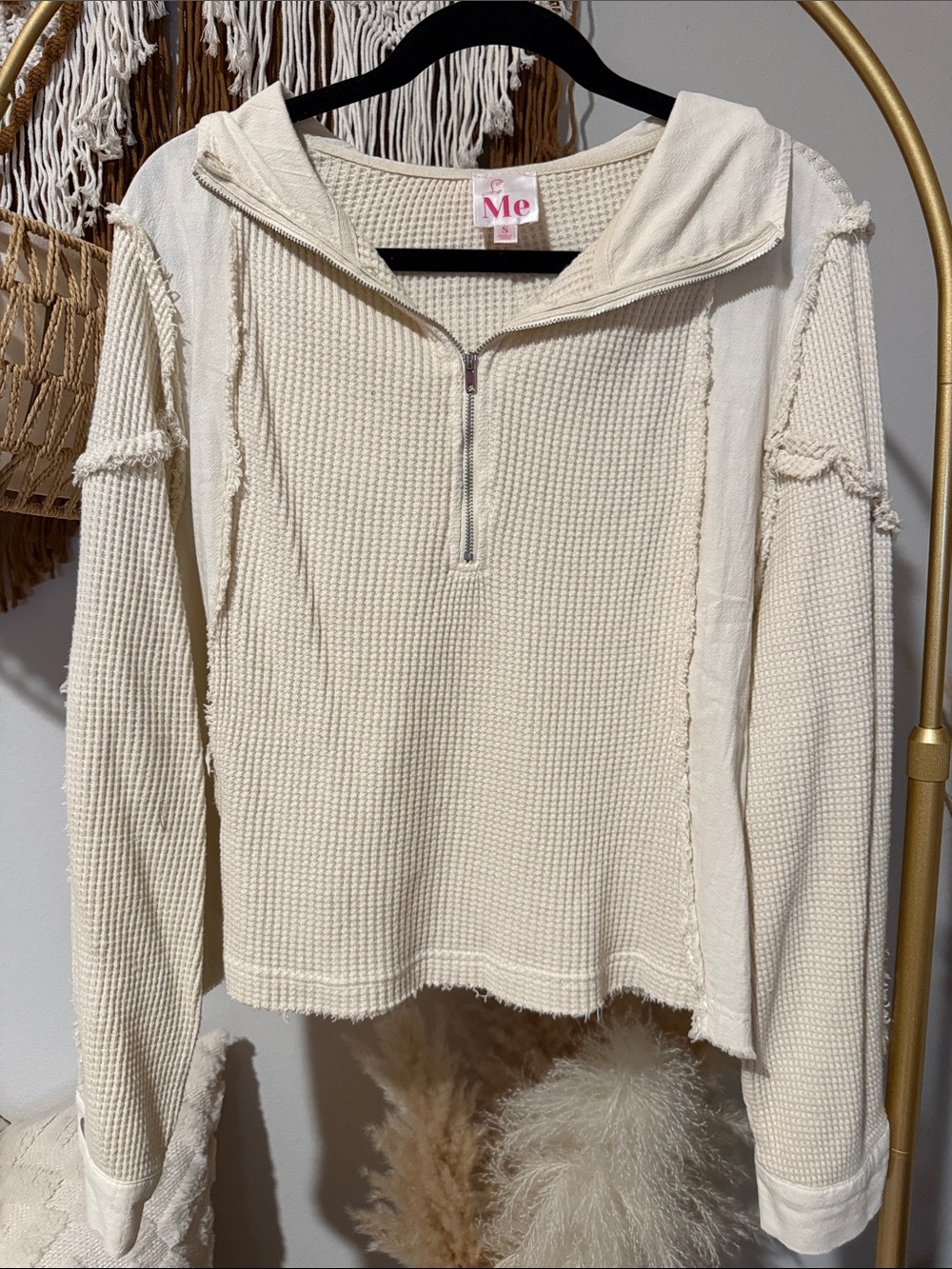 So Me Cream Waffle-Knit Half-Zip Hoodie